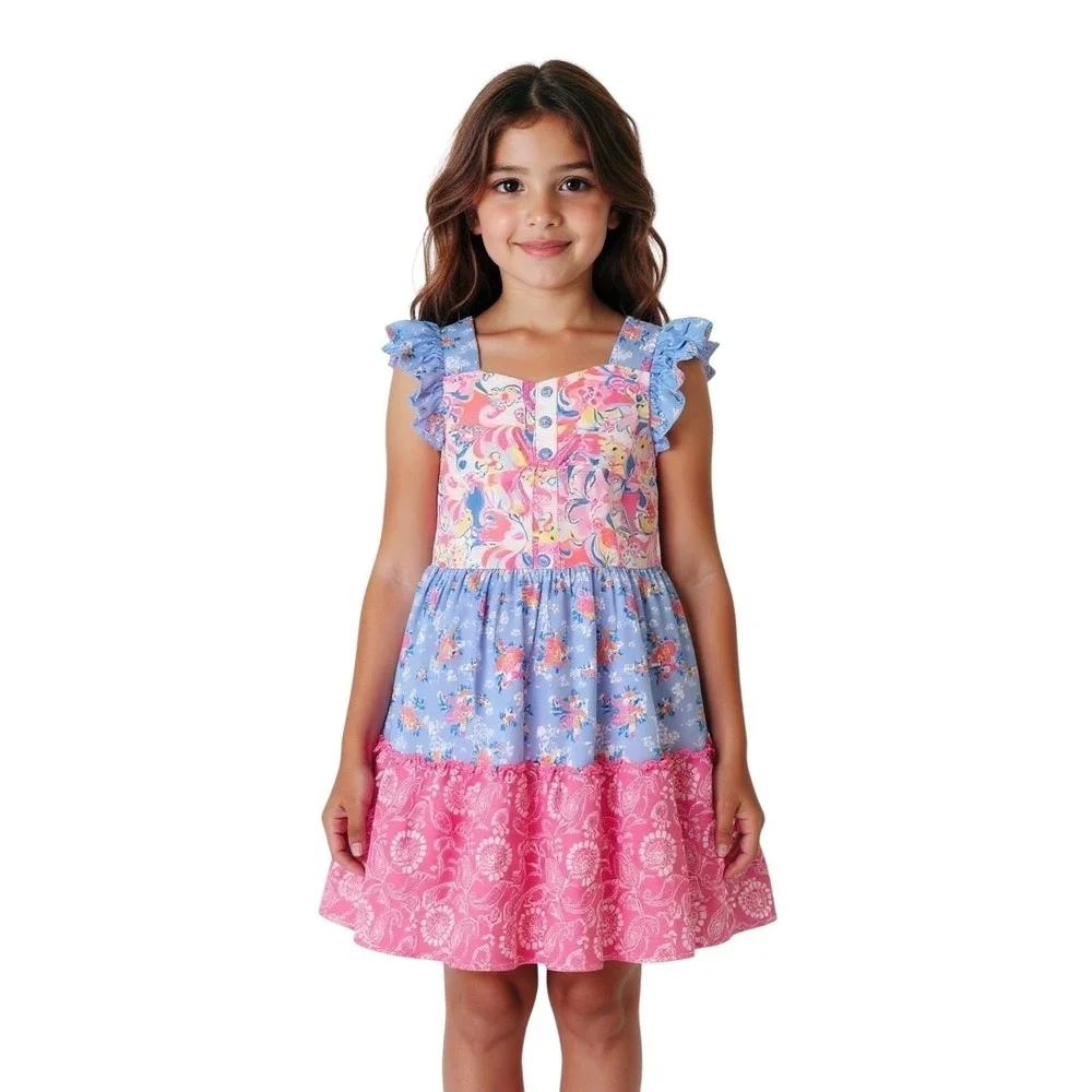 Jona Michelle Girls Tiered Floral Paisley Ruffle Dress Pink‎ Blue Size 7